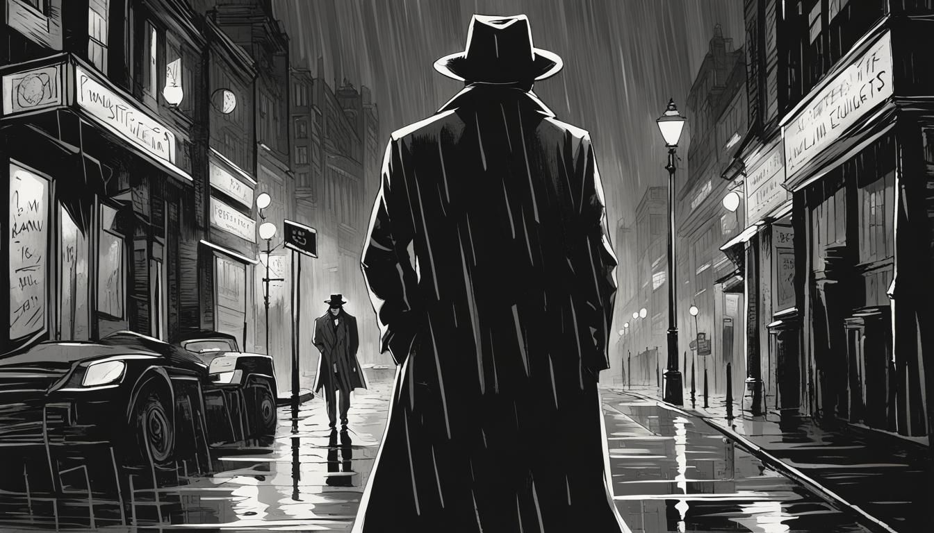 mysterious stranger, noir, comic drawn art, a man walking on a dark ...