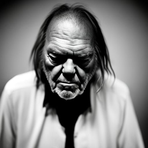 Neil Young playing guitar wide angle portrait, ambient light, Nikon ...