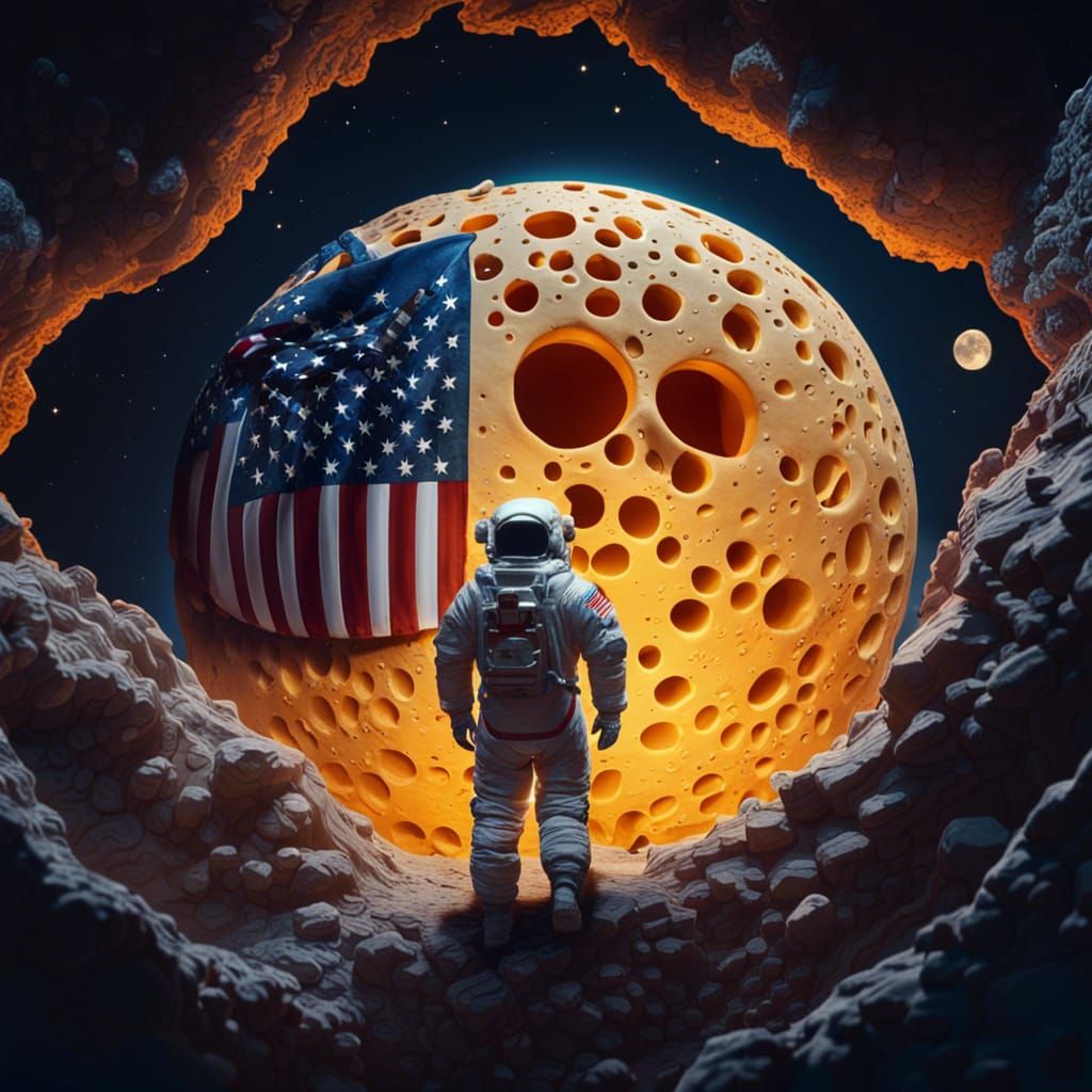 a moon made of cheddar with holes in it with an astronaut sticking the American flag in it   by @lalaim