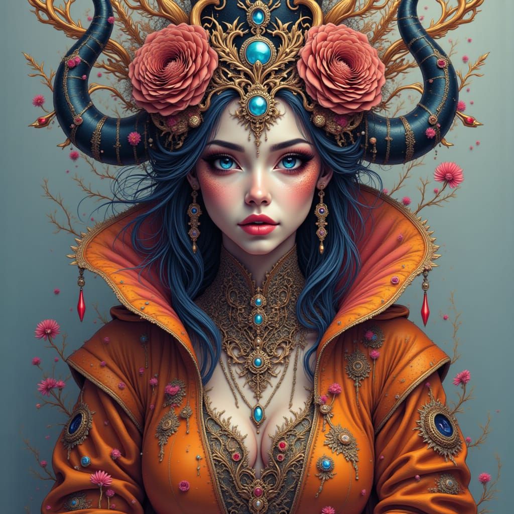 Hyperrealistic portrait of a beautiful woman wearing intricately detailed colorful clothing and futuristic jewellery. <lora:Cosmic Static:1....