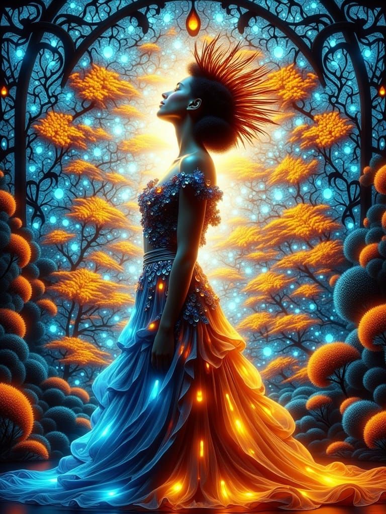 Woman in Abstract Stained Glass and Fractal Art