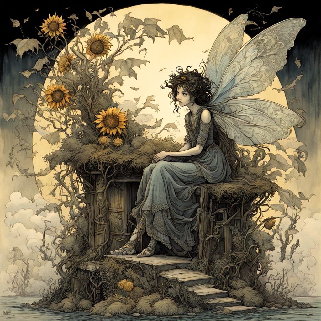 Resting Fae.
  Whimsical wacky adorable older fae fairy with iridescent wings and head as a sunflower. Funny caricature, intricately detailed, deformed dra...