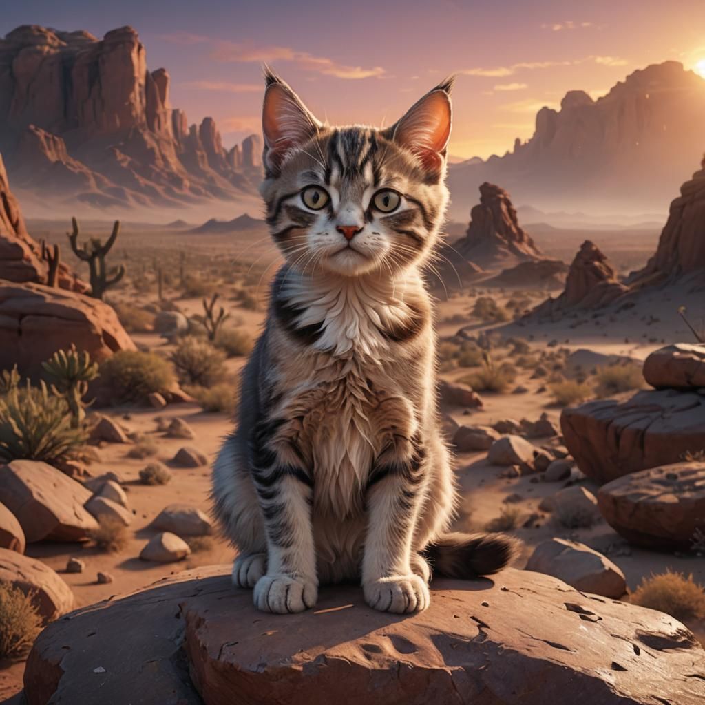 A Grumpy Kitten sitting on a rock, stunning desert sunset. E...