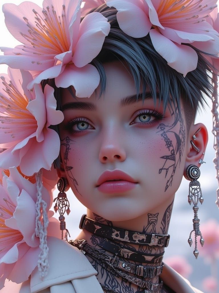 <lora:Happy-People:1.0> handsome fem-boy, lightly open mouth, plump shiny lips, geometric pink tattoos, punk, Fluffy clouds illuminated by l...