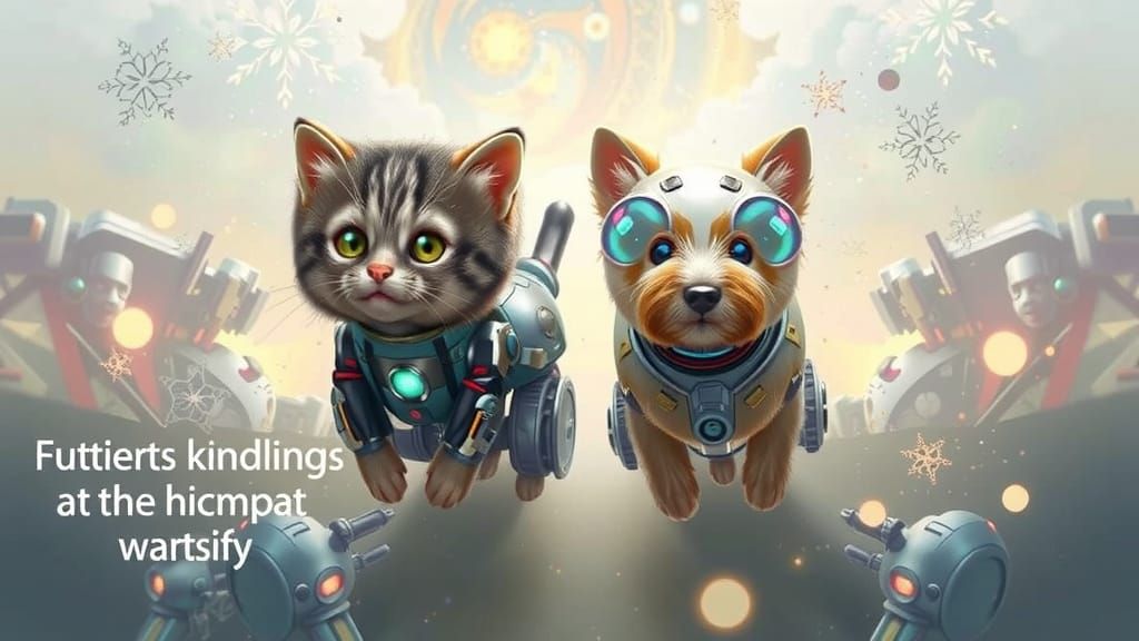  A medium shot, epic digital painting of two whimsical sci-fi robots, one a kitten and the other a Yorkshire terrier, soaring upwards toward...