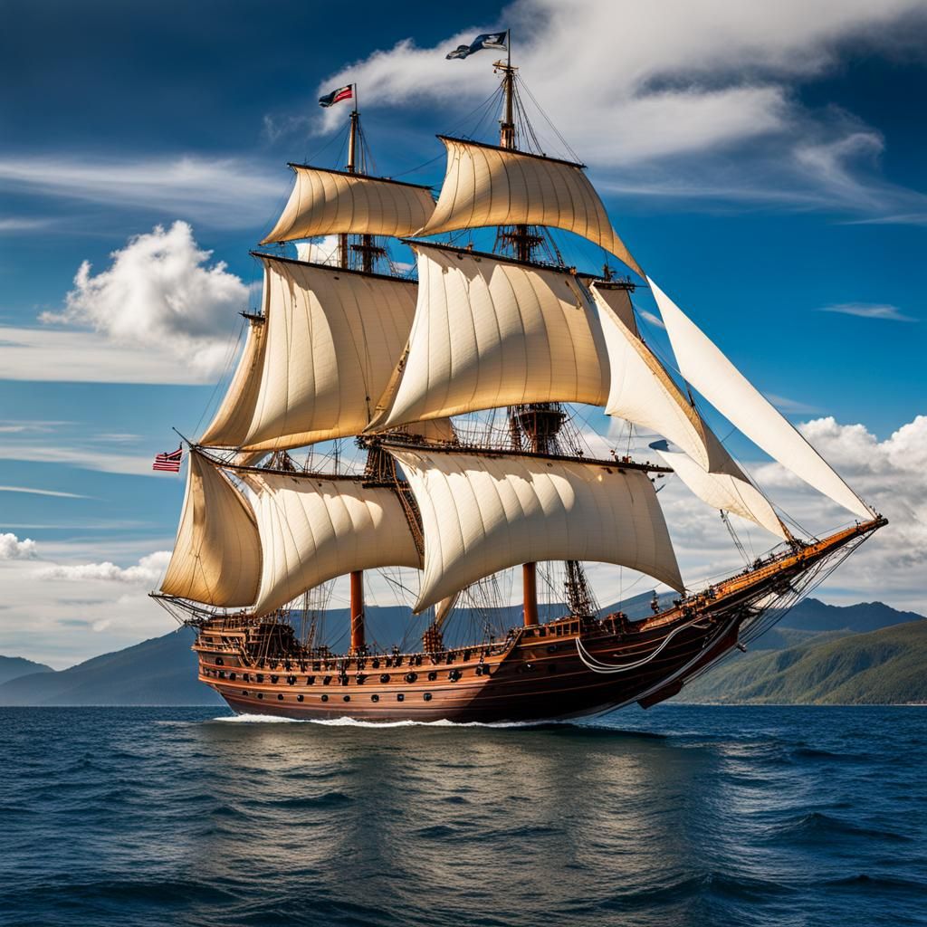 pirate schooner ship, flying, horizontal sails, clouds, mountains in ...