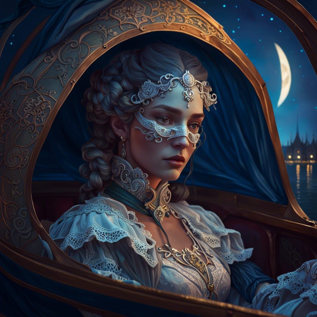 Renaissance woman with lace half mask sitting in gondola und...