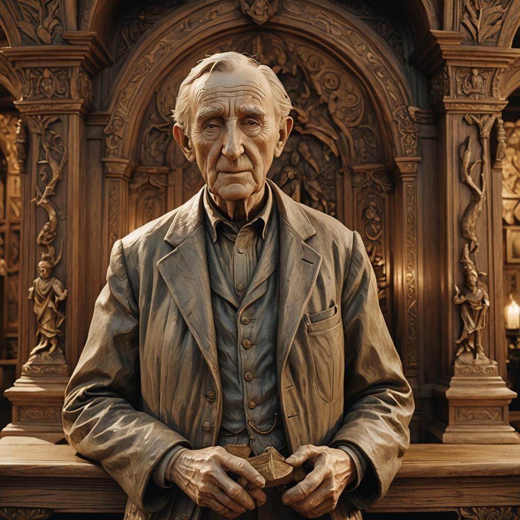 Tolkien Statue in Ornate Study, Wood Relief Carving