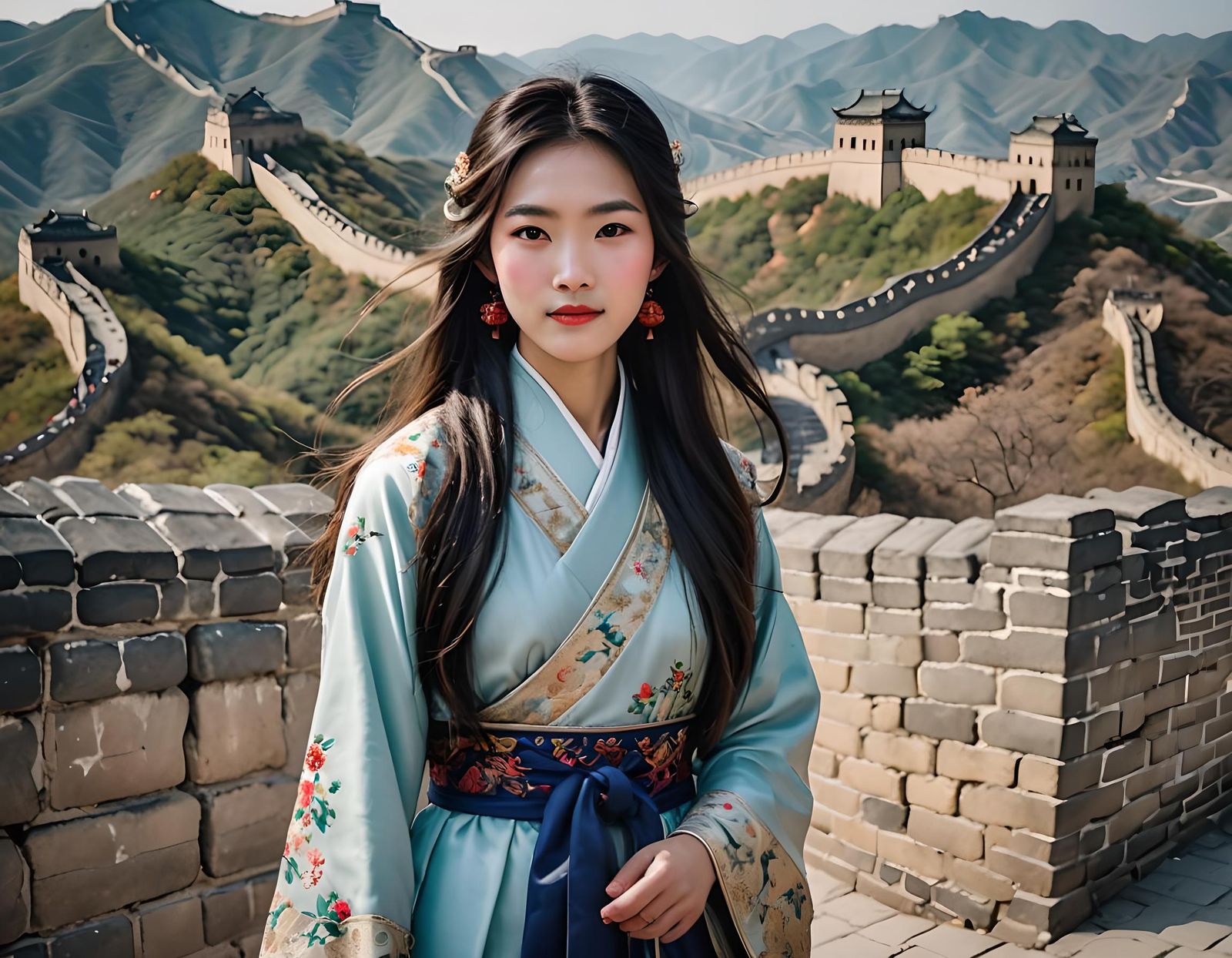 A beautiful bright-eyed Chinese woman standing along the wal...