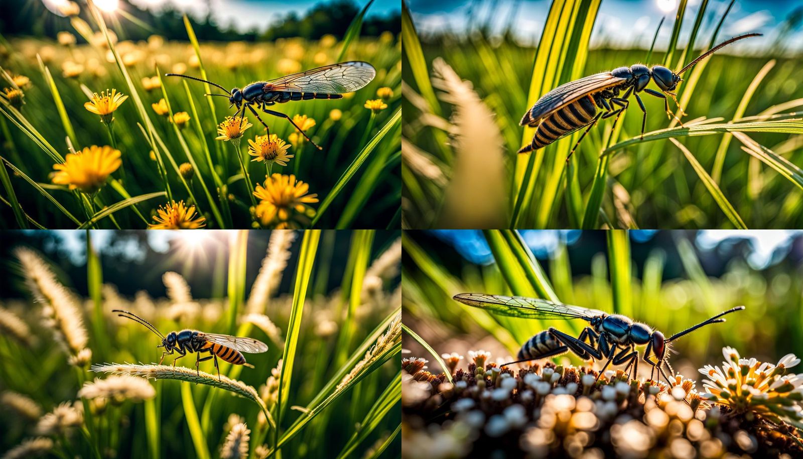 point of view of an insect on the ground surronded by tall grass | flowers and insects around | pollen in the air | intr...