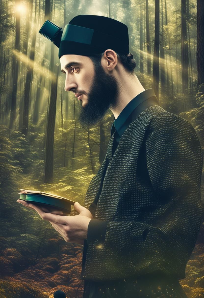 Hasidic Man with Tefillin in Mystical Forest
