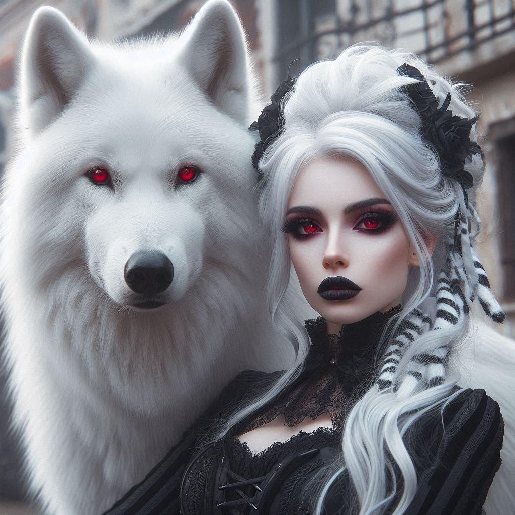 Goth girl with her white wolf