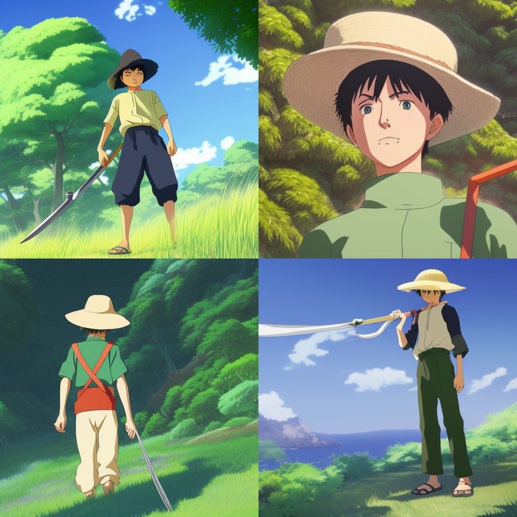 A Straw hat worn by a boy with a sword wearing a green jumps...