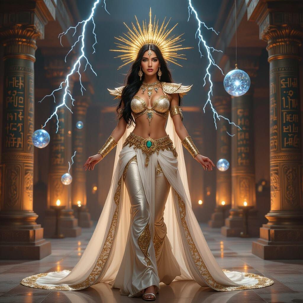 "A fantastic woman standing in a central pose in an ancient, artificially lit temple. She is created as a deity or a magical queen - with lo...