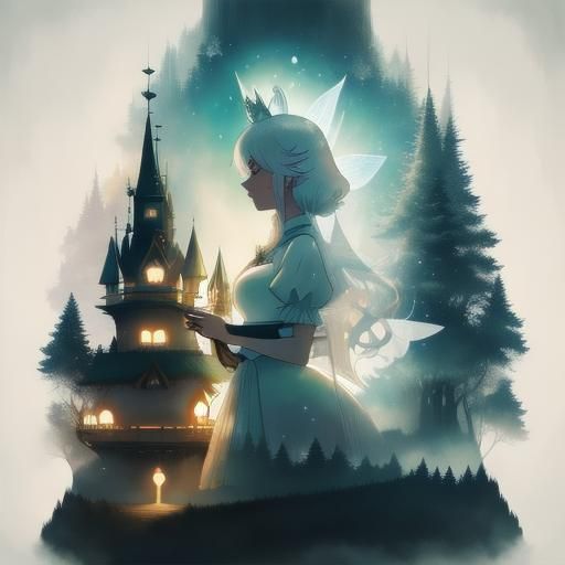 Swan Queen, lake, forest, Fog, Brighten star, Double exposure art, inside the silhouette, <lora:ShadowBlend Portrait:1.0>