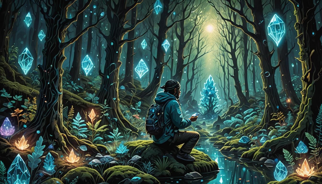 native person, spirit animal, crystals, forest scene, hyper-...