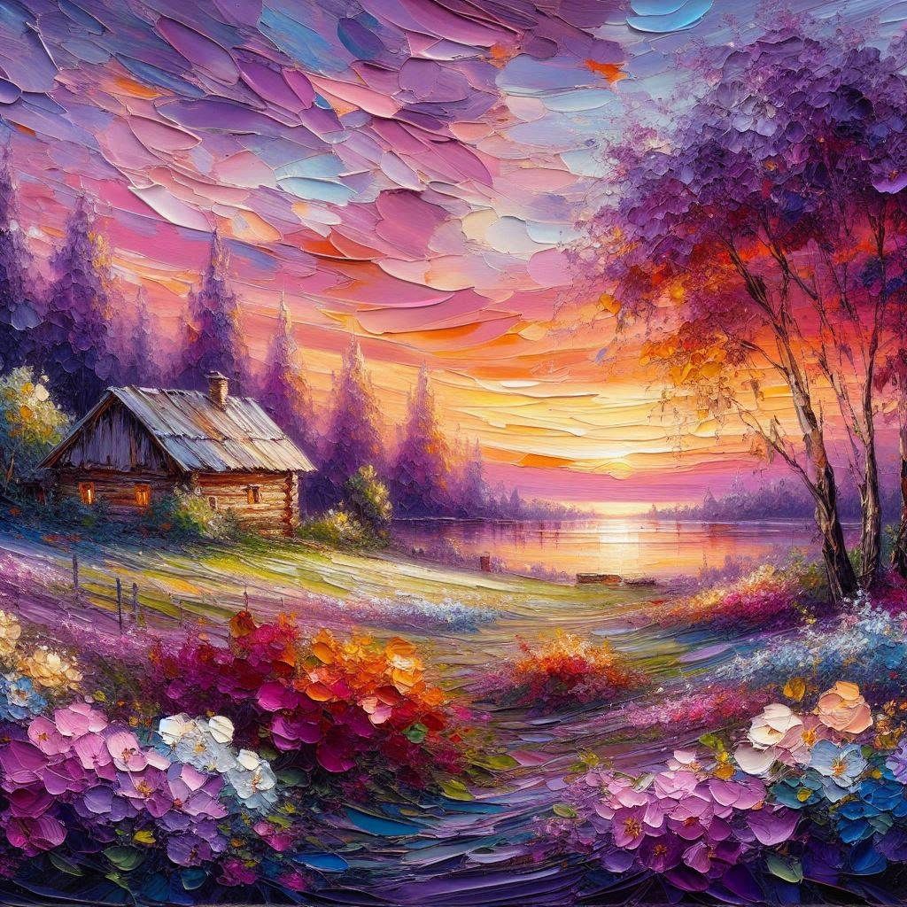 lilac and pink impasto sunset landscape
