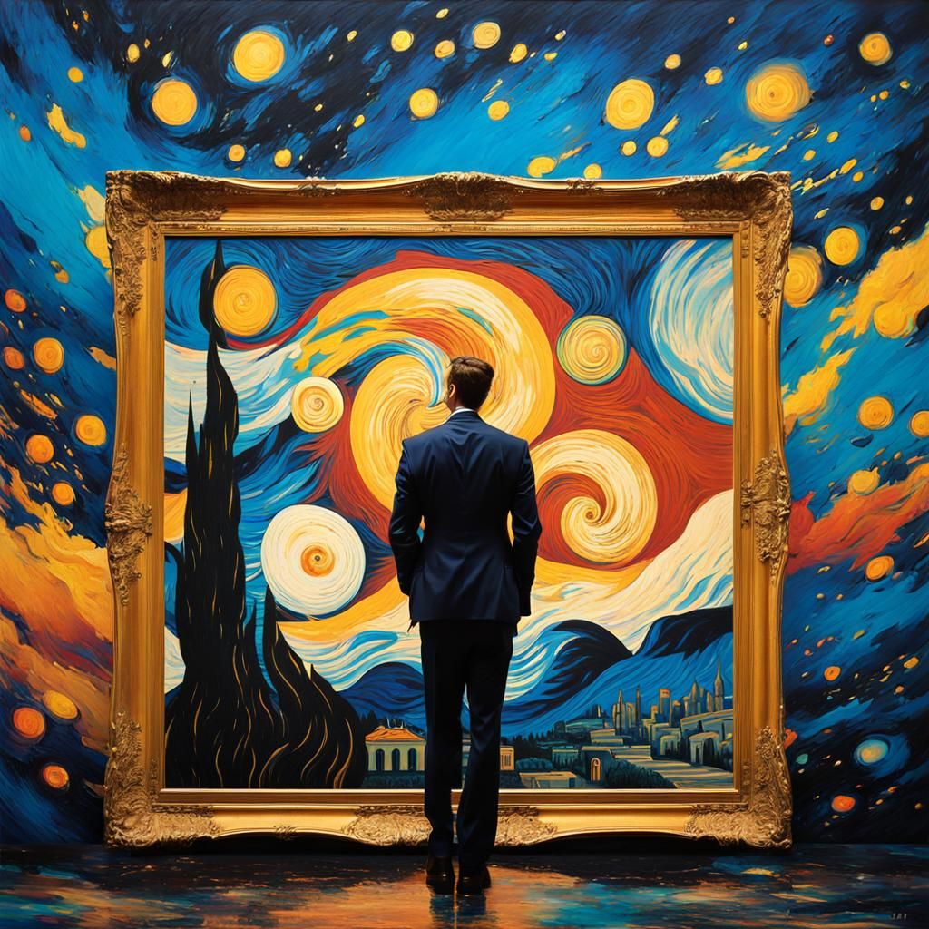 ink spatter art ::van Gogh:: standing in front of starry nig...