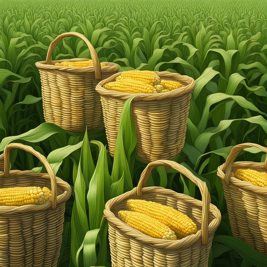 Bushel baskets overflowing with corn in a green corn field, 64k resolution, a masterpiece, 75mm