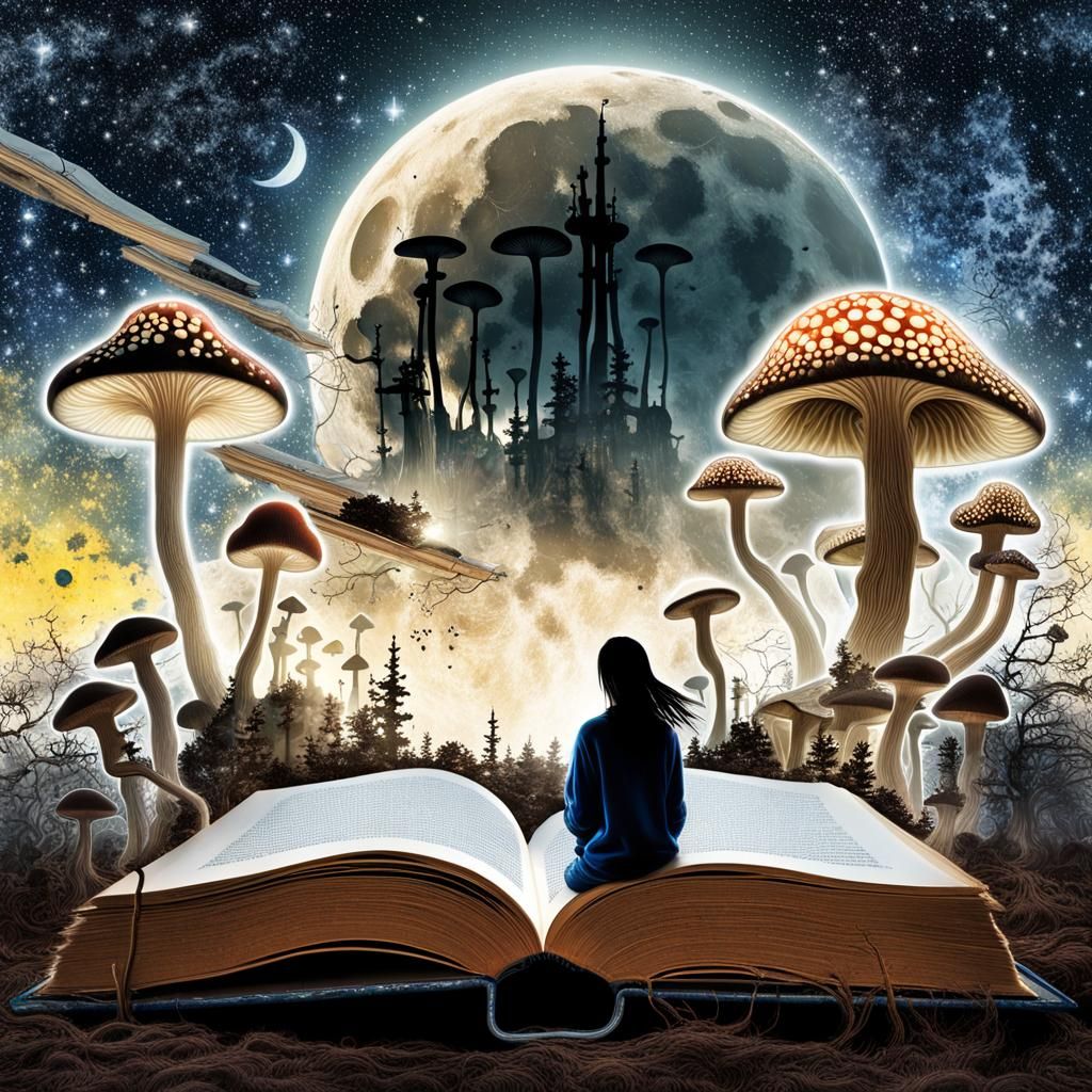 "the incredible world of Alyssa and fluorescent mushrooms coming out of the book" artistic illustration ...  by @AmurAnn