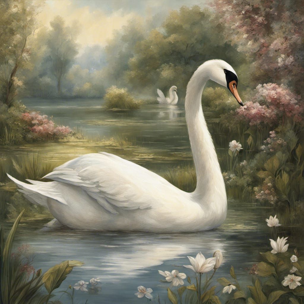 Produce a medieval European-style painting featuring a majestic swan ...