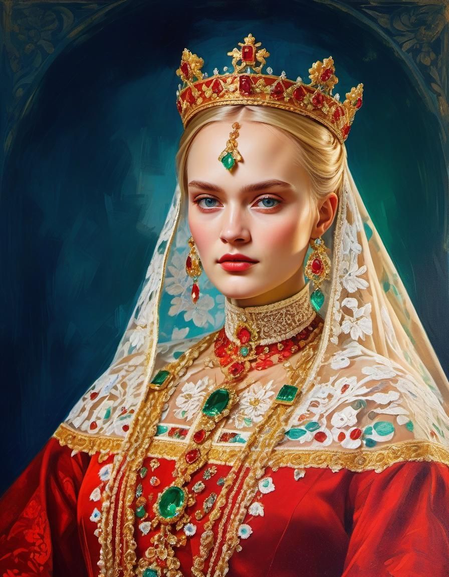 Beautiful Tsarina Eudoxia Lopukhina in traditional red clothes, golden ...