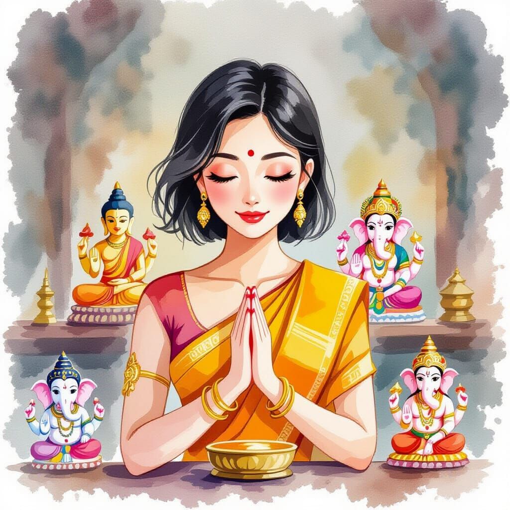 Thai Woman Praying at Altar in Watercolor Style