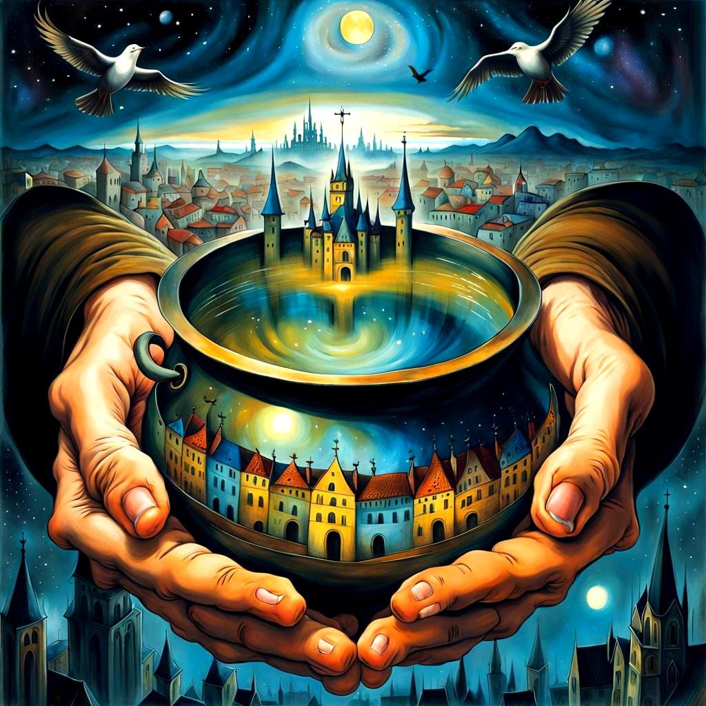 Medieval Gothic Double Exposure Illustration in Vibrant Yell...