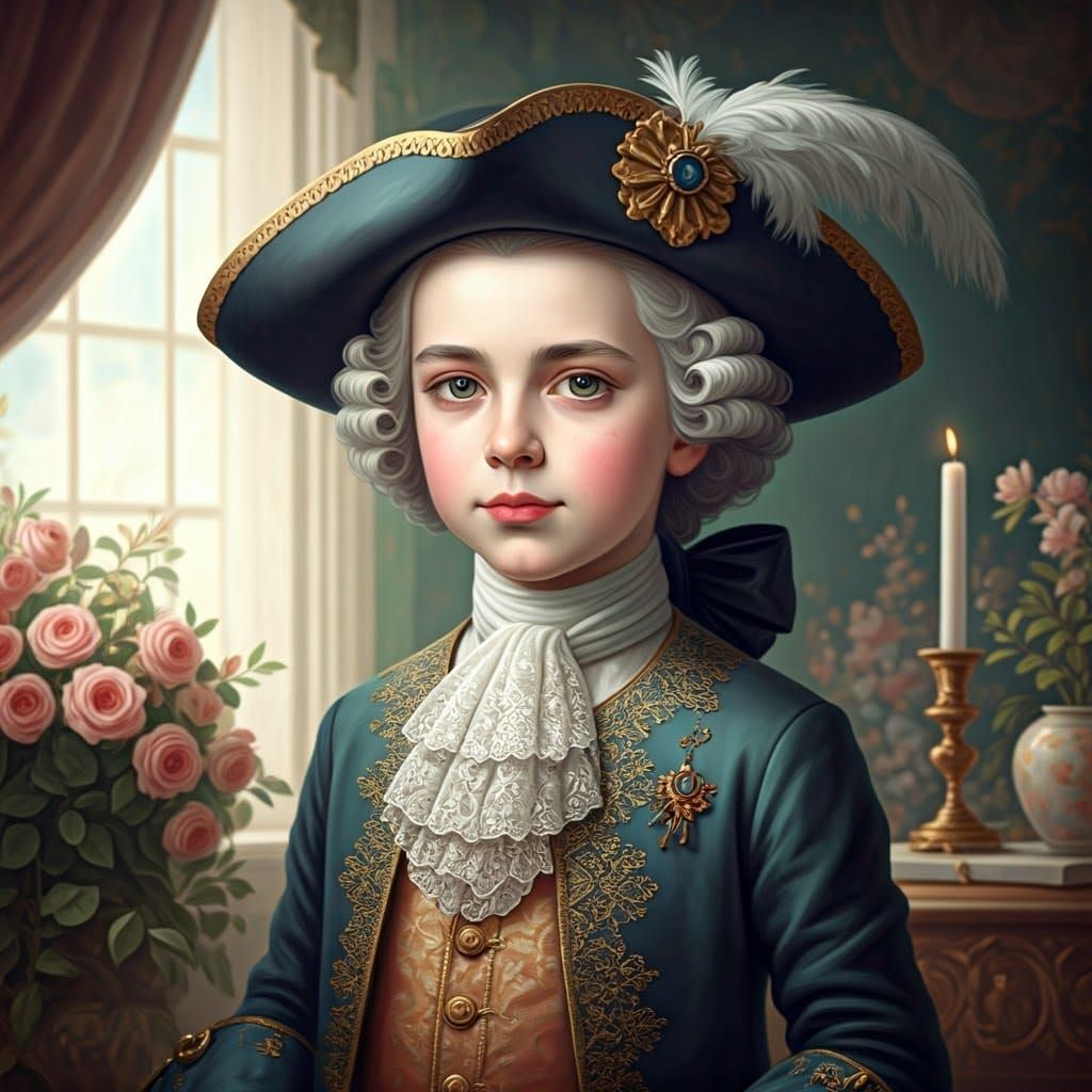 Rococo Boy in 18th-Century Attire with Futuristic Flair