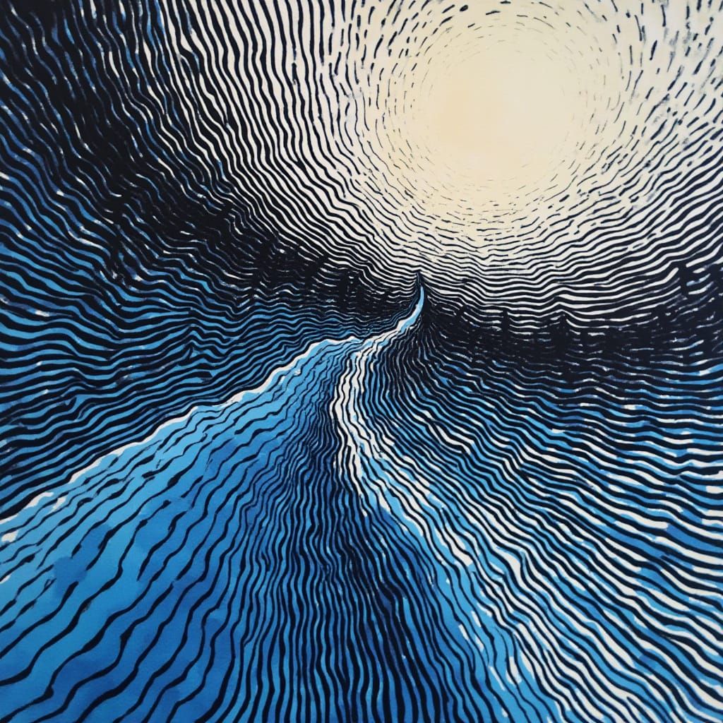 Energetic Abstract Composition in Deep Blues and Grays