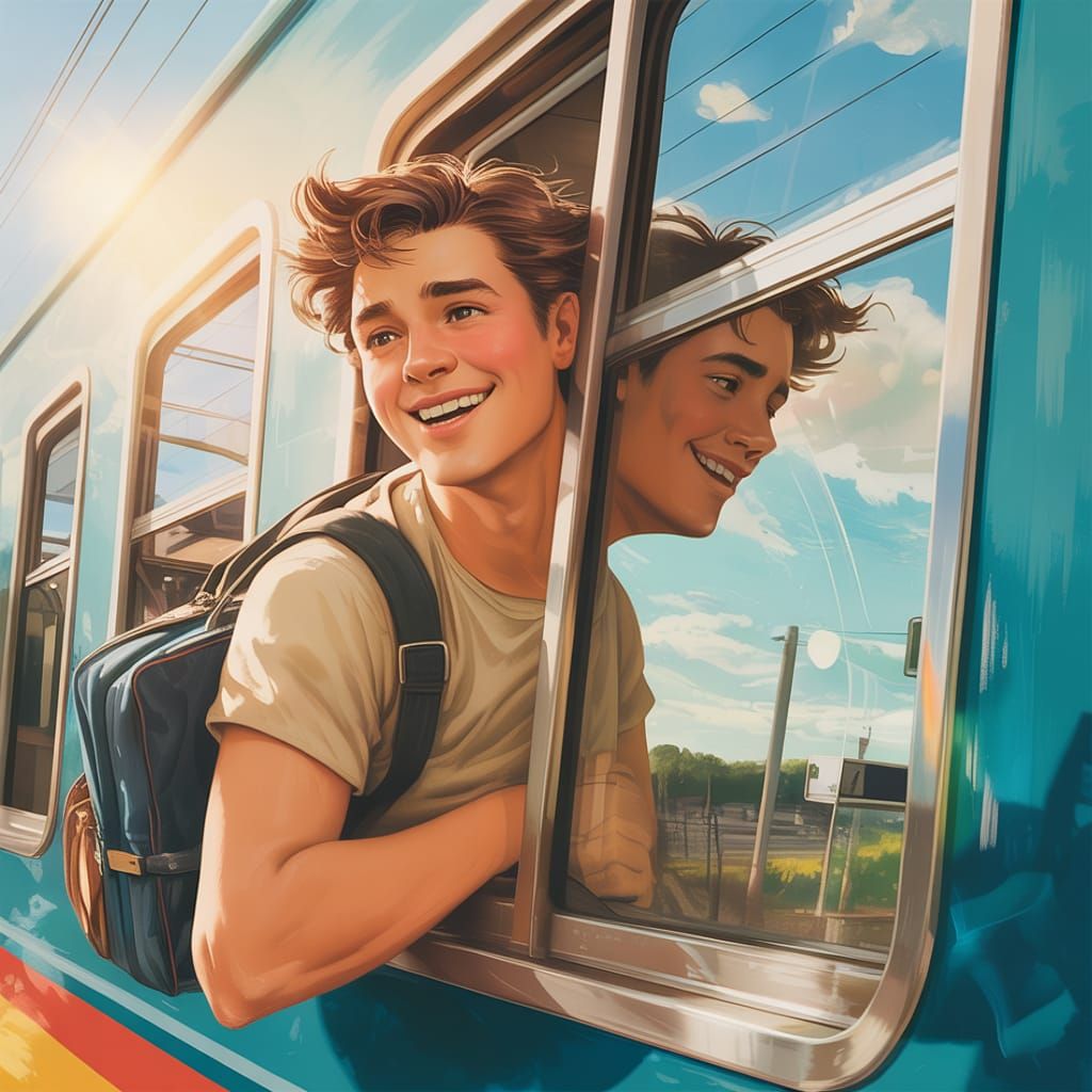 Young man looking out train window video