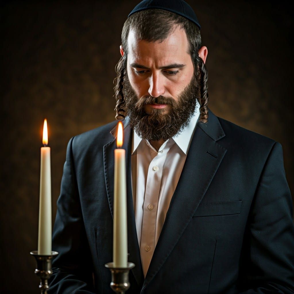 Orthodox Man in Shabbat Attire, Shabbat Candles by His Side