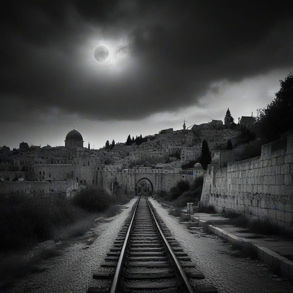A strange photo of Jerusalem is scary and dark, a background of a dark night with a scary half moon, everything looks scary, in the photo yo...