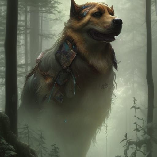 ghost hunting dogs in the forest head and shoulders portrait...