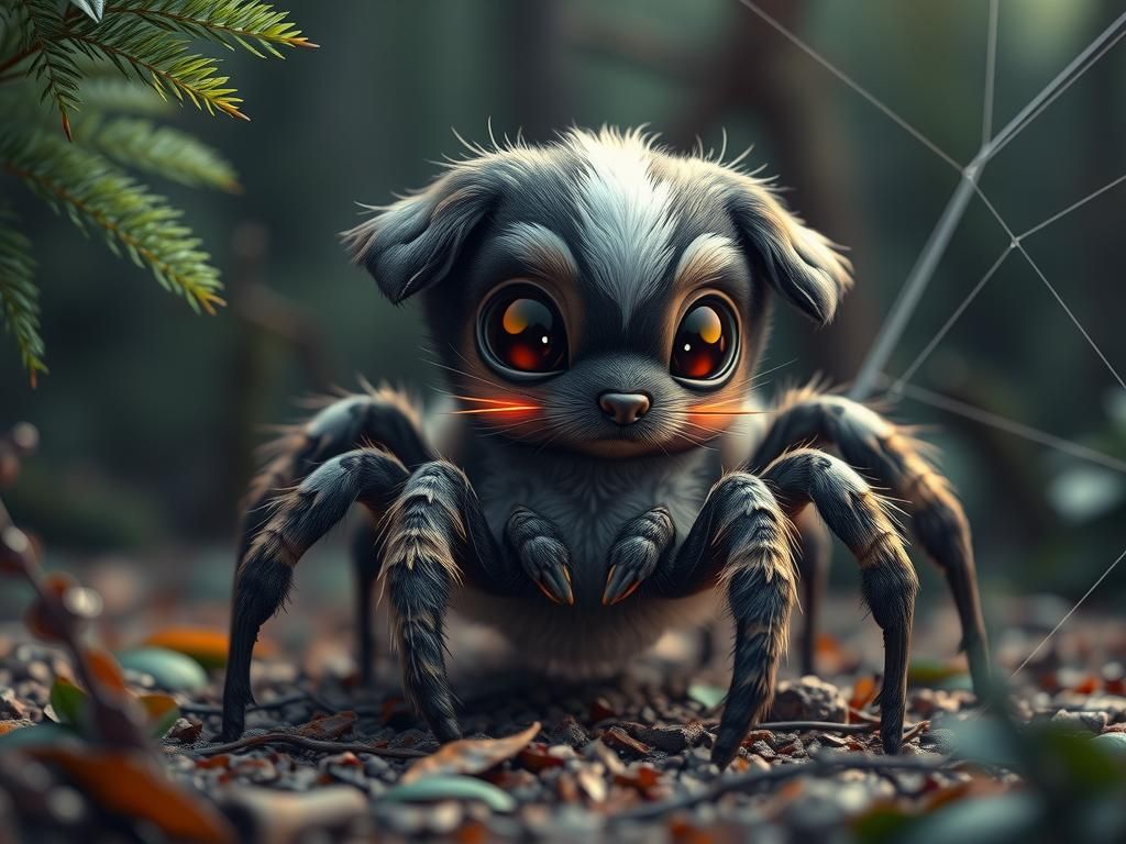 chibi spider puppy hybrid, puppy with the long hairy legs of a spider,  in a forest, webs, in the style ...  by @Kindly Offer