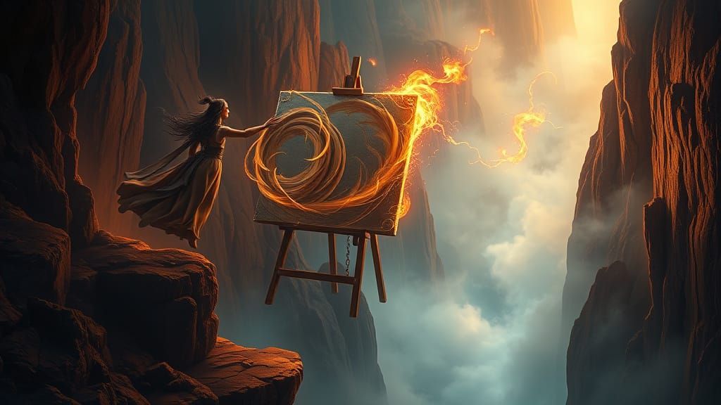 Sorceress Easel Over Gorge in Matte Painting Style