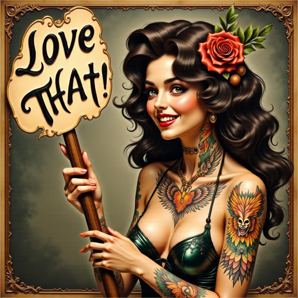 magazine  cover art; 1920s German Pinup Art of a tattooed beauty;  holding a sign that has clearly written "Love That!"<lora:Signs:1.0>