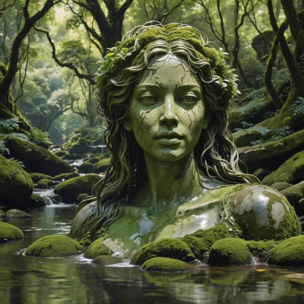 A surreal fantasy scene featuring a serene forest setting with lush green vegetation and a serene river ...  by @Jon Son