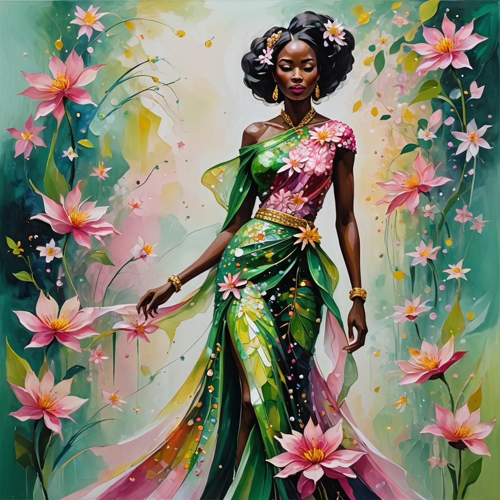 Full body african american woman posing Dressed in fine Thai...