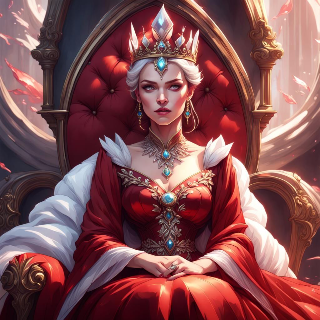 AN EMPRESS with a crystal crown sitting on big red pillows, ...