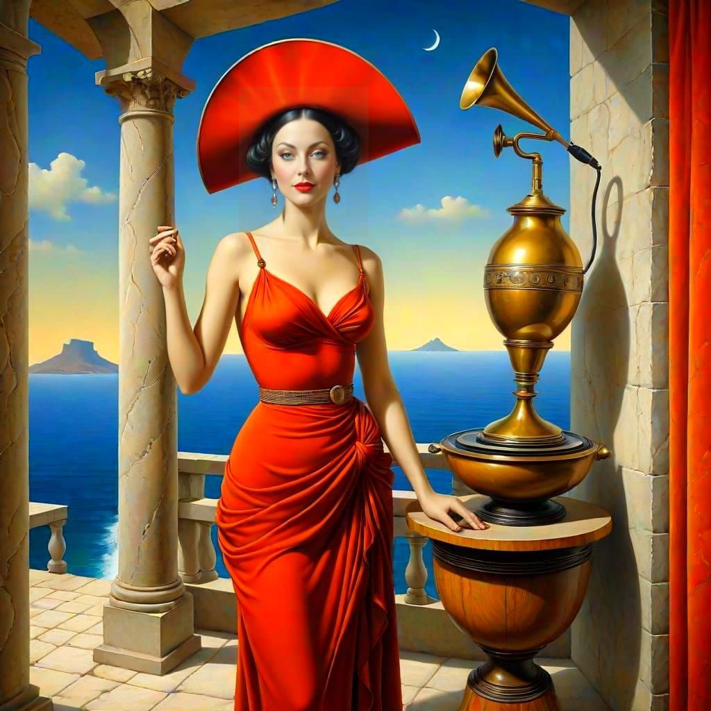 Vibrant Lady in Whimsical Surrealistic Scene