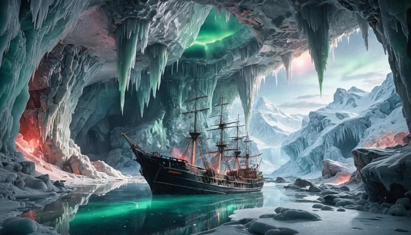 Frozen frigate in a giant icy cave lit by green and red northern lights. Cinematic film still, shot on v-raptor XL, film grain, vignette, co...