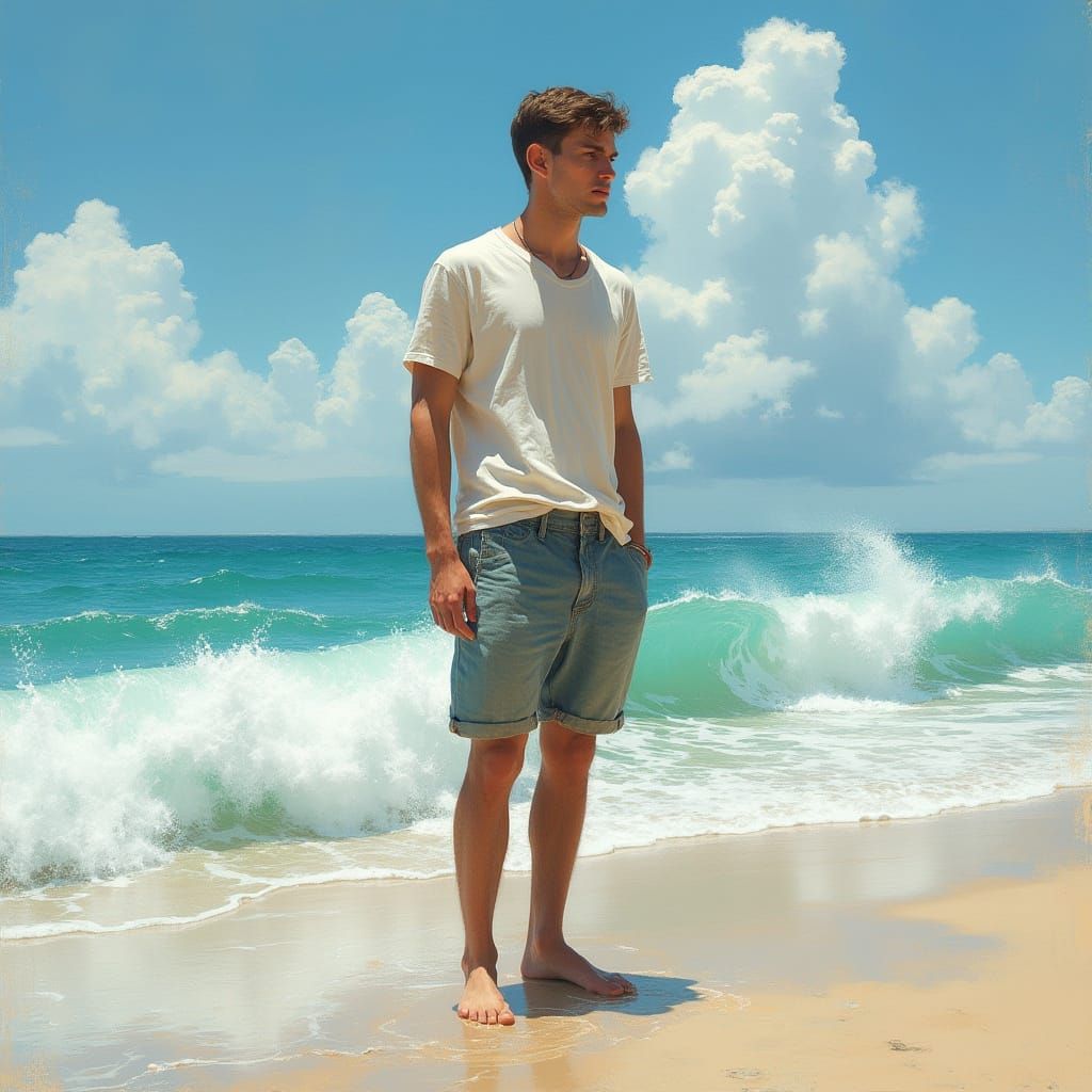 Young Man Stands at the Seaside in a Dreamy Realistic Style