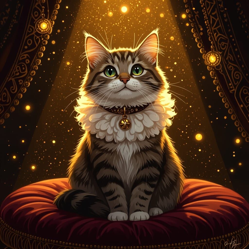 Curious Cat with Fluffy Collar in Digital Art Style