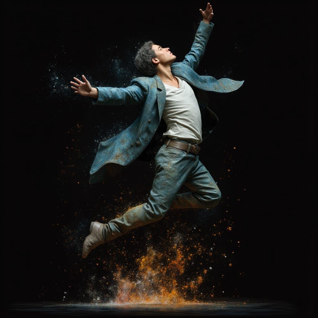 <lora:AffectaFlux:1.0> Excitement, leaping upward, featureless character made of glass and oil paint, splashes of electric orange paint and ...