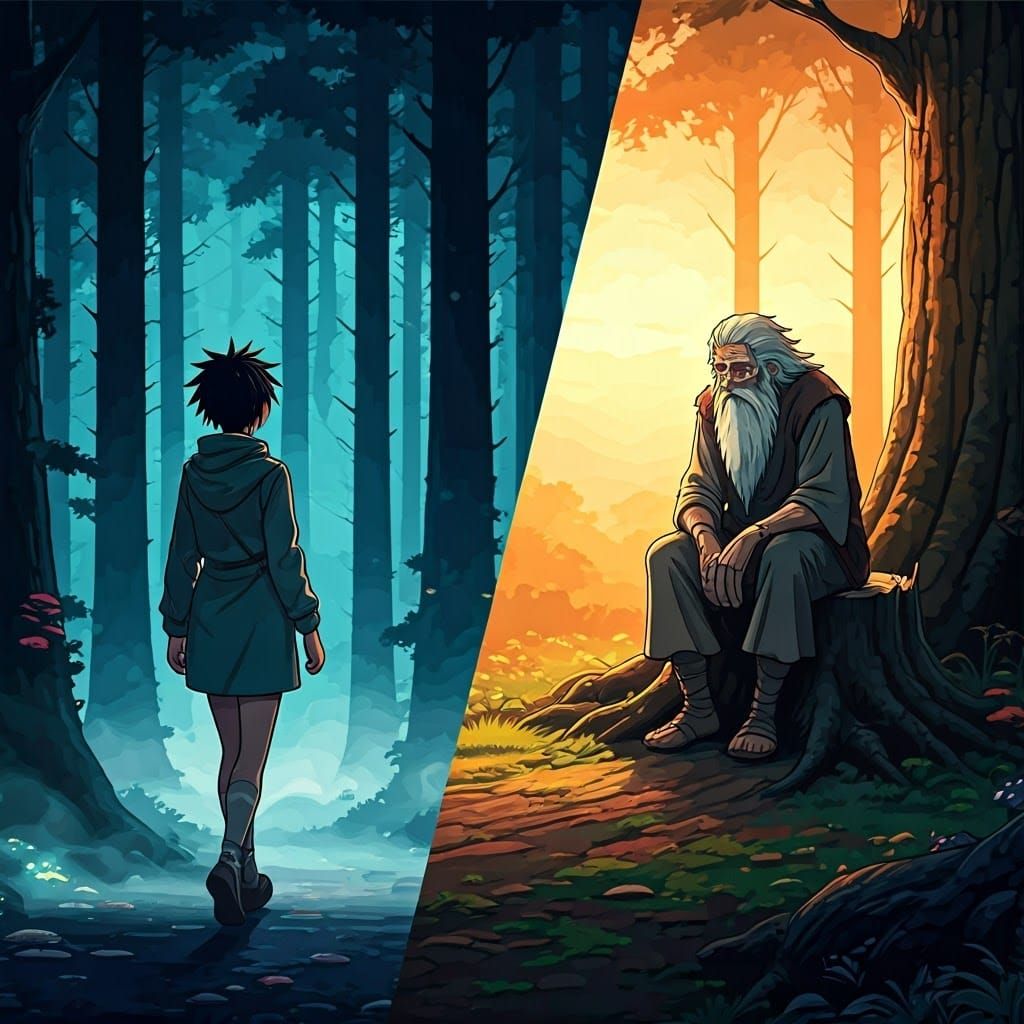 Moon walking towards Geo in a foggy forest