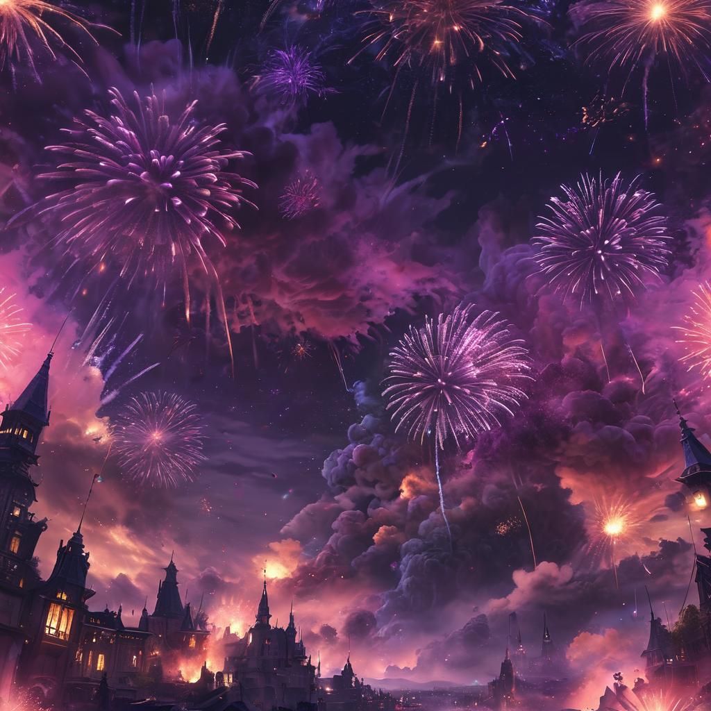 Colorful Fireworks Light Up Night Sky, Digital Art