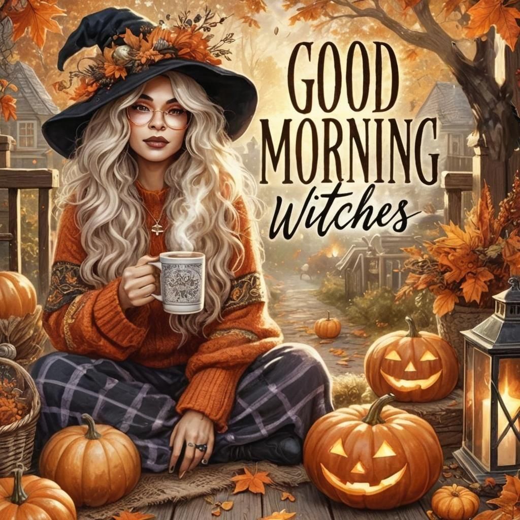 Smiling Black Woman Witch with Coffee