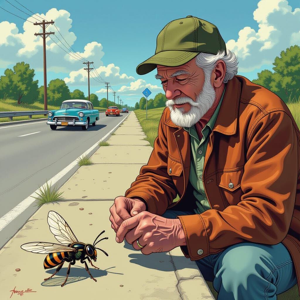 Elderly Man Plays with Ant in Comic Book Style