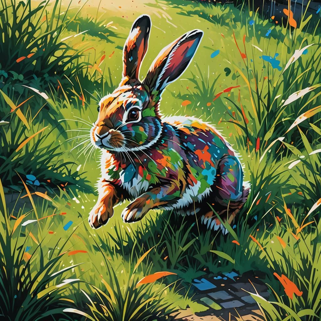 A small rabit hopping through a grassy green field